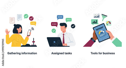 Three modern vector illustrations showing key business processes—collecting information, managing assigned tasks, and using digital tools for operations