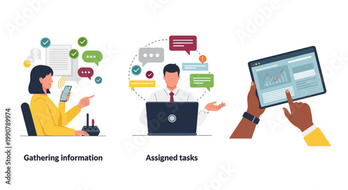 Three modern vector illustrations showing key business processes—collecting information, managing assigned tasks, and using digital tools for operations