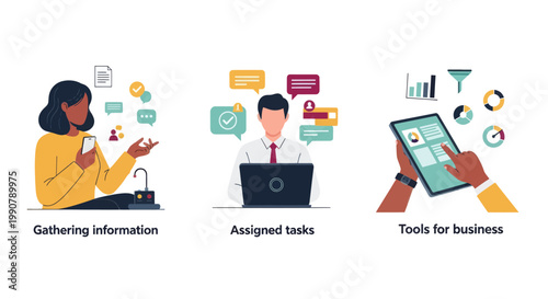 Three modern vector illustrations showing key business processes—collecting information, managing assigned tasks, and using digital tools for operations