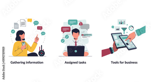 Three modern vector illustrations showing key business processes—collecting information, managing assigned tasks, and using digital tools for operations