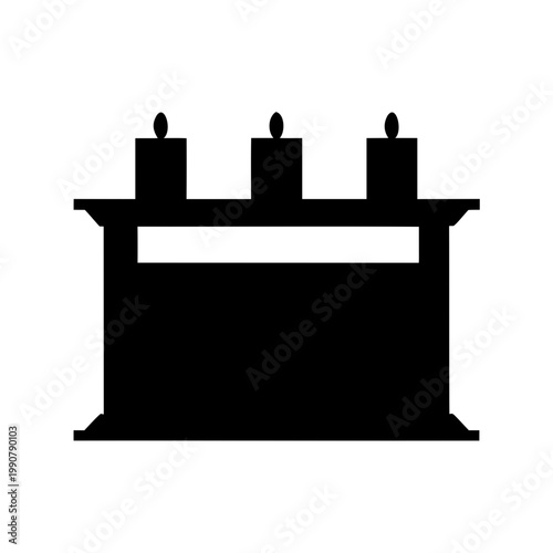 Minimalist depiction of altar or tabletop with three upright elements, black and white
