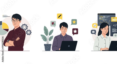 Flat illustrations of key modern roles: business strategist, creative designer, and software developer working with data, visuals, and code.