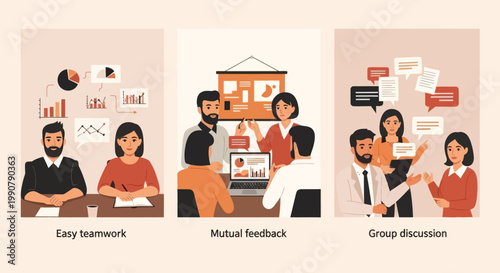 Illustration set showing coworkers in teamwork, sharing feedback, and having group discussions to improve collaboration.