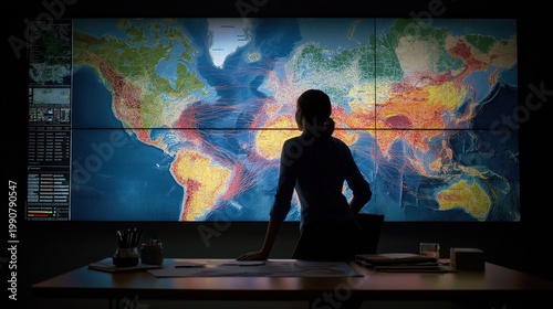 Silhouette of a strategic risk analyst or data scientist studying a massive, glowing world map featuring intricate data visualizations of global trade routes and geopolitical tensions in a dark.