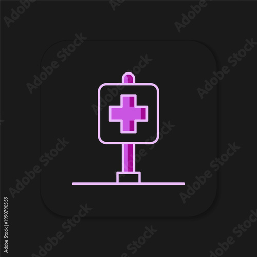 Filled outline Medical map pointer with cross hospital icon isolated on black background. Flat filled outline style with shadow. Vector