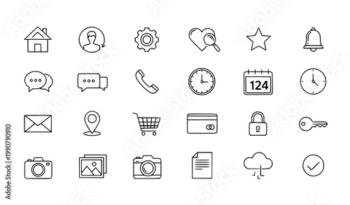 A collection of various line icons on a white background