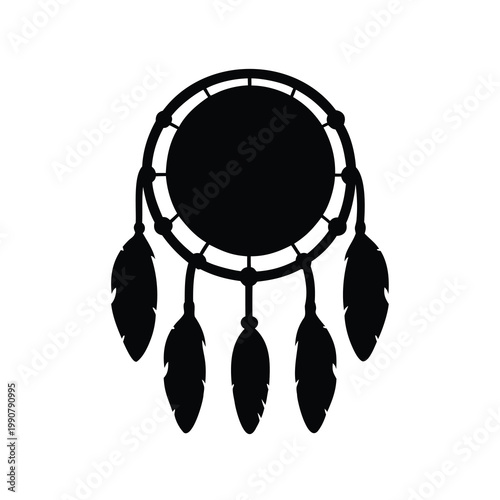 Black and white dream catcher silhouette with feathers and circular design