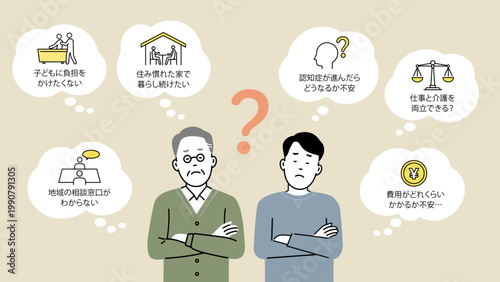 介護のこんな悩みありませんか？のイラスト。介護について考える親子とふきだしアイコンセット