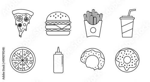 Fast Food Items Line Drawings.