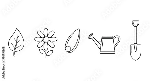 Gardening tools and plant icons.
