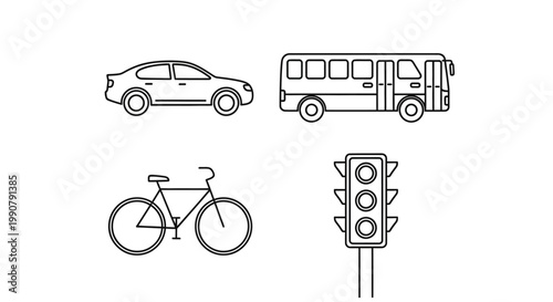 Vehicles and traffic light icons.
