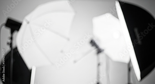 Professional studio lighting setup with softboxes and umbrellas for photography.