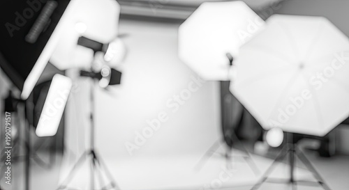 Professional Photography Studio Setup with Lighting Equipment and Softboxes.