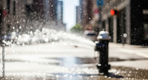 Fire Hydrant Spraying Water on a Hot Summer Day in a City Street.