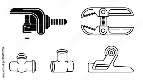 Essential Tool Set: A collection of various tools, including a vise, a pair of clamps, and pipe fittings, showcasing the essentials for construction, maintenance, and various projects. 
