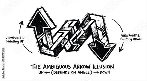 Ambiguous arrow illusion showing two opposing viewpoints, up and down arrows, optical illusion art with clear text labels.