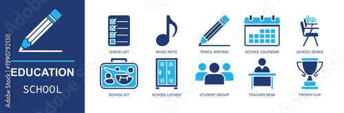 Education icon set. Containing checklist, music note, pencil writing, school calendar, teacher desk, school kit, locker, student group, trophy cup and more. Solid fill vector icons.
