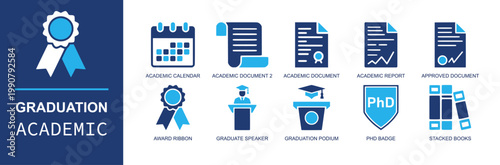 Graduation academic achievement icon set. Containing calendar, document, report, certificate, ribbon, graduate speaker, podium, PhD badge, stacked books and more. Solid fill vector icons.