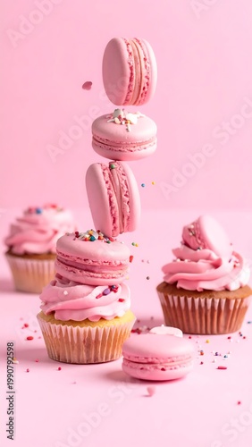 Stack Of Pink Macarons Levitating Over A Frosted Cupcake With Sprinkles Against A Monochromatic Pastel Pink Background