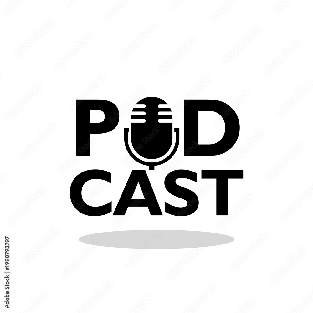 Naklejka premium Podcast word Microphone icon with shadow