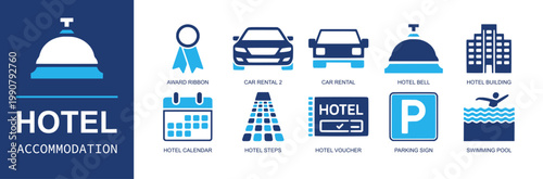 Hotel accommodation icon set. Containing ribbon, car rental, hotel bell, hotel building, calendar, hotel voucher, parking sign, swimming pool, reception and more. Solid fill vector icons.