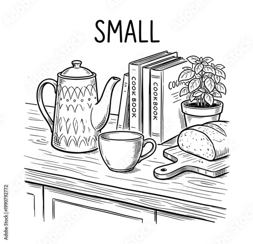 Small objects arranged on a table teapot cup cookbooks bread potted plant.