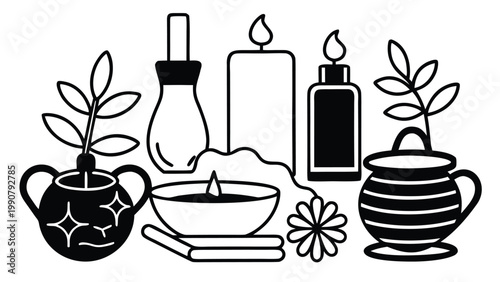 Natural beauty products outline set, aromatherapy treatment items black and white vector illustration