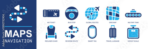 Travel navigation icon set. Containing air ticket, aircraft nose, global routes, grid map, reverse route, luggage, smart tag, luggage scale, travel seat and more. Solid fill vector icons.
