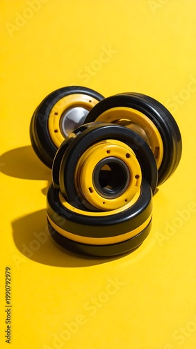 Stacked Black And Yellow Small Industrial Roller Wheels On Vibrant Yellow Background High Contrast Studio Close Up Shot