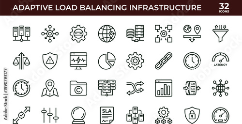 Adaptive load balancing infrastructure outline icon set distributed server network performance monitoring scalability management workflow vector collection
