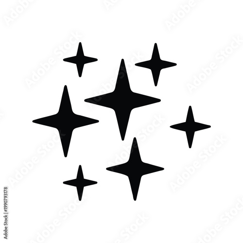 Seven black stars with rounded points against a white background represent sparkle
