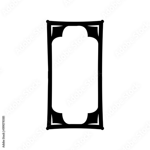 Isolated black ornate rectangular frame with curved edges on a white background