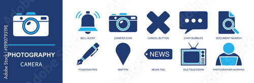 Photography media icon set. Containing camera, bell alert, cancel button, chat bubble, document search, fountain pen, map pin, news tag, old television and more. Solid fill vector icons.