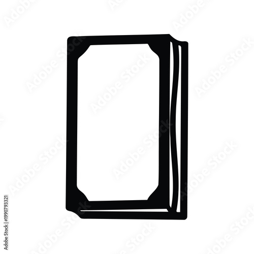 Simple black and white cartoon illustration of a closed book standing upright