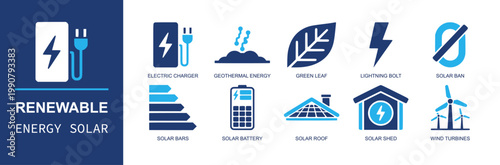 Renewable energy icon set. Containing charger, geothermal, green leaf, lightning bolt, solar bars, battery, solar roof, solar shed, wind turbines and more. Solid fill vector icons.