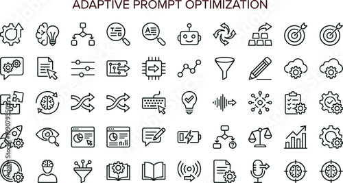 Adaptive prompt optimization outline icon set illustrating artificial intelligence workflow tuning analytics automation pipelines machine learning monitoring and interface productivity