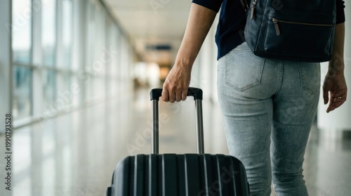 Close up of a hand pulling a black rolling suitcase handle through a brightly lit modern building. Concept of solo traveler navigating an airport terminal, global commuter transport, or business trip.