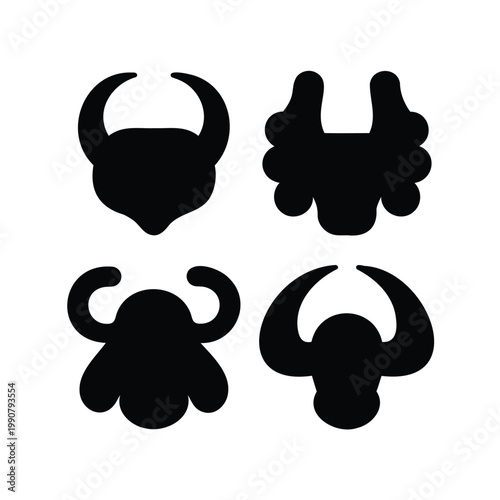 Four different black silhouette style images that look like mythical creatures