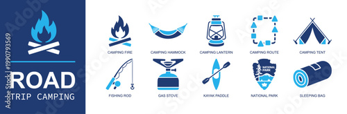Road trip camping icon set. Containing camping fire, camping hammock, camping lantern, camping route, fishing rod, gas stove, national park, sleeping bag and more. Solid fill vector icons.