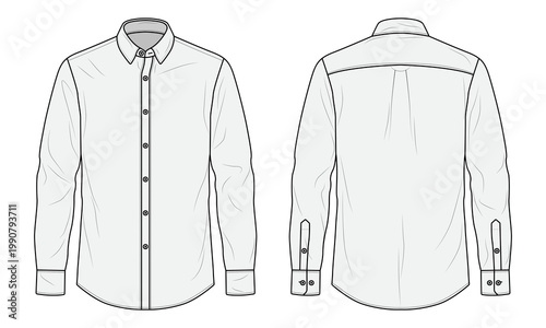 Men's Long Sleeve Dress Shirt Technical Flat Sketch Template
