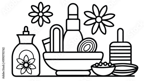 Beauty treatment bowl with skincare bottles flowers and exfoliating accessories line icons