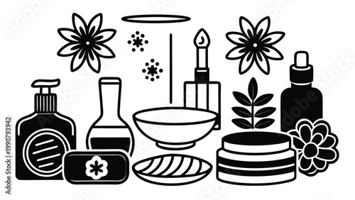 Organic bath and body care products vector art with liquid soap jar and herbal ingredients