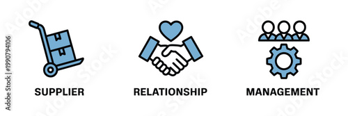Supplier relationship management SRM icons in blue line art