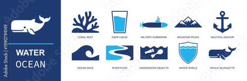 Water and ocean icon set. Containing coral reef, submarine, anchor, ocean wave, river flow, whale silhouette, mountain peaks, water shield, underwater gear and more. Solid fill vector icons.
