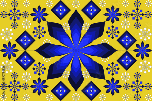 Bright geometric floral pattern in bold blue and yellow tones, featuring symmetrical petals and diamond motifs. Ideal for modern fabric prints, wallpaper, packaging, and digital art design.