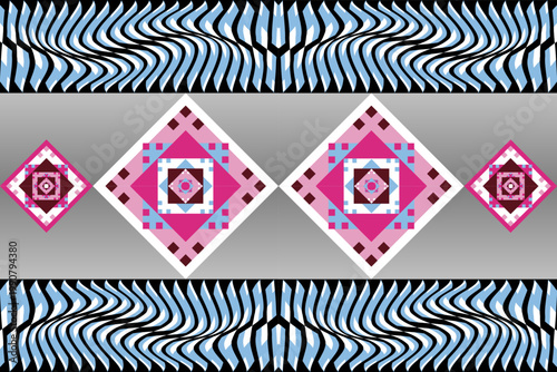 Vibrant geometric pattern featuring pink and blue diamond shapes with optical wave effects on a gray gradient background. Perfect for modern textiles, wallpaper, or digital art decoration.