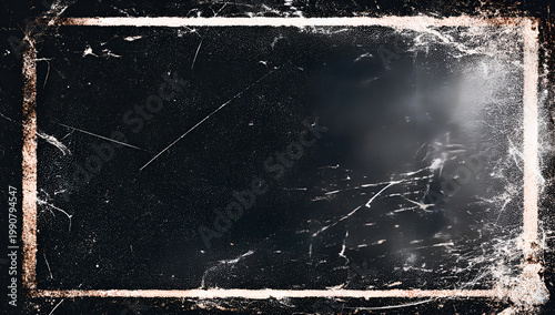 Dusty and scratched old film frame overlay texture.