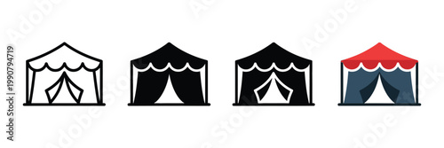 Outdoor festival tent icon set with outline and solid variations