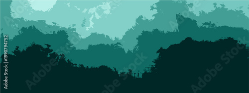 Vector An abstract illustration of layered, silhouetted foliage evokes a sense of depth and mystery. The tranquil monochrome palette suggests a serene, contemplative atmosphere.