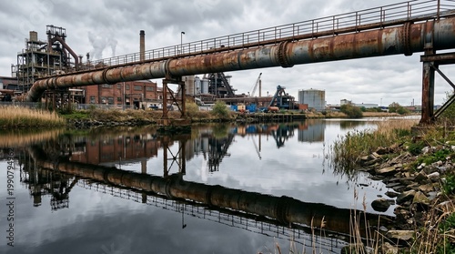 Industrial steel plant with rusty pipeline and water reflection, abandoned factory landscape under cloudy sky, heavy industry architecture
